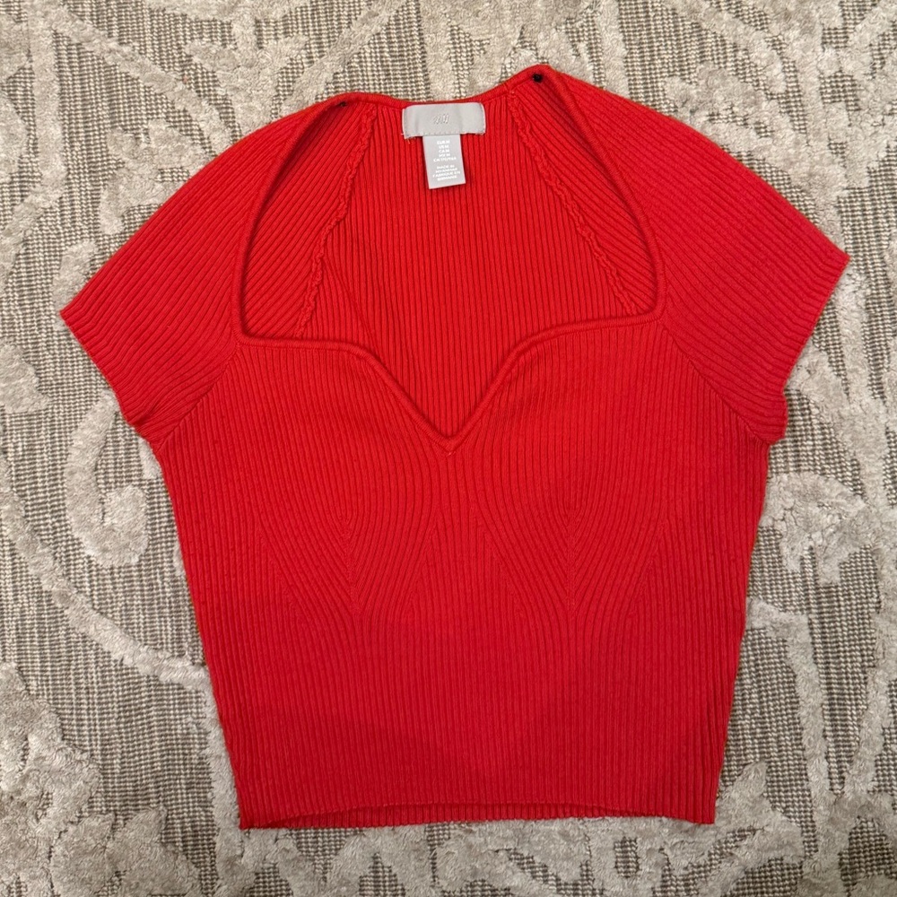 H&M Red Ribbed Notch-Neck Crop Top M - Picture 4 of 7